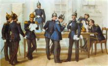 Illustration zu dem Uniformwerk <cite>Das Königlich-Preußische Heer in seiner gegenwärtigen Uniformierung</cite>. Neun preußische Soldaten bei einem Tisch in der Verwaltung