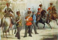 Illustration zu dem Uniformwerk <cite>Das Königlich-Preußische Heer in seiner gegenwärtigen Uniformierung</cite>. Preußische Husaren auf einem Platz