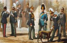 Illustration zu dem Uniformwerk <cite>Das Königlich-Preußische Heer in seiner gegenwärtigen Uniformierung</cite>. Acht preußische Offiziere und ein Hund vor einem von Säulen eingerahmten Eingang
