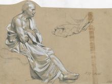 Eine männliche Figur, sitzend, und Faltenwurf