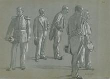 Soldat mit Pickelhaube und vier Herren mit Zylinder in der Hand