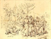 Schulzenkathrin, Verwundete versorgend (zweifach), vor der Szenerie des Sturms auf den Spicherer Berg