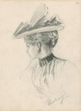 Schulterstück einer jungen Frau mit großem Hut