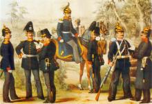 Illustration zu dem Uniformwerk <cite>Das Königlich-Preußische Heer in seiner gegenwärtigen Uniformierung</cite>. Preußische Soldaten auf einer Waldlichtung