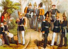 Illustration zu dem Uniformwerk <cite>Das Königlich-Preußische Heer in seiner gegenwärtigen Uniformierung</cite>. Preußische Soldaten im Gespräch während einer Rast