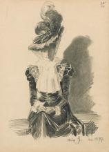 Kniestück einer sitzende Frau mit Schleierhut