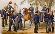 Illustration zu dem Uniformwerk <cite>Das Königlich-Preußische Heer in seiner gegenwärtigen Uniformierung</cite>. Neun preußische Soldaten an einer Treppe