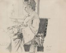 Malvina von Werner, am Tisch sitzend