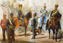 Illustration zu dem Uniformwerk <cite>Das Königlich-Preußische Heer in seiner gegenwärtigen Uniformierung</cite>. Preußische Husaren, teilweise zu Pferd, sowie ein Trompeter und Hund