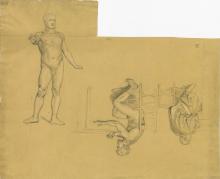 Mann am Schreibpult und zwei männliche Akte (einer über Kopf)