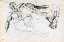 Zwei männliche Akte, lagernd, einer über Kopf