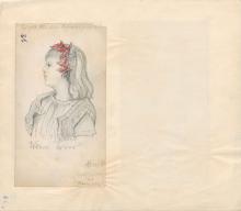 Skizze eines jungen Mädchens im Profil mit rotem Haarschmuck