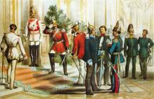 Illustration zu dem Uniformwerk <cite>Das Königlich-Preußische Heer in seiner gegenwärtigen Uniformierung</cite>. Preußische Offiziere in Hof- und Gesellschaftsanzügen bei einem Empfang