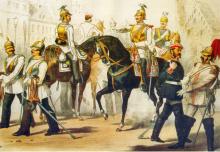 Illustration zu dem Uniformwerk <cite>Das Königlich-Preußische Heer in seiner gegenwärtigen Uniformierung</cite>. Garde du Corps-Soldaten auf einem Platz