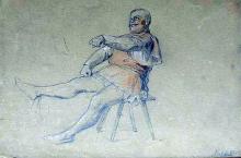 Kostümstudie (Mann in Renaissancekostüm auf einem Schemel sitzend),