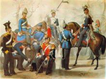 Illustration zu dem Uniformwerk <cite>Das Königlich-Preußische Heer in seiner gegenwärtigen Uniformierung</cite>. Preußische Dragoner und Ulanen bei einer Rast