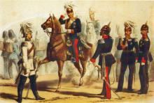 Illustration zu dem Uniformwerk <cite>Das Königlich-Preußische Heer in seiner gegenwärtigen Uniformierung</cite>. Fünf Generäle in Parade- und Dienstanzug