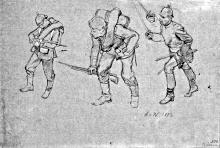 Drei Soldaten mit Gewehren und Degen