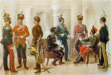 Illustration zu dem Uniformwerk <cite>Das Königlich-Preußische Heer in seiner gegenwärtigen Uniformierung</cite>. Preußische Husaren und Ulanen bei einem Hofball