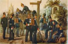 Illustration zu dem Uniformwerk <cite>Das Königlich-Preußische Heer in seiner gegenwärtigen Uniformierung</cite>. Preußische Soldaten während einer Rast an einer Straßengabelung