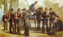 Illustration zu dem Uniformwerk <cite>Das Königlich-Preußische Heer in seiner gegenwärtigen Uniformierung</cite>. Verschiedene preußische Landwehr- und Sanitätssoldaten, Büchsenmacher und Invalide