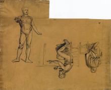 Mann am Schreibpult und zwei männliche Akte (einer über Kopf)