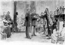 Der Kronprinz abends vor dem Kamin in Villa "Les Ombrages" mit Bismarck und Moltke im Gespräch