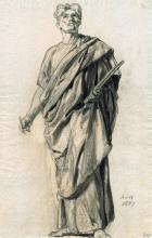 Männliche Figur, frontal stehend und im Schreiben innehaltend