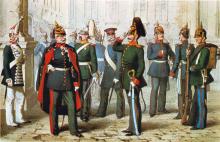 Illustration zu dem Uniformwerk <cite>Das Königlich-Preußische Heer in seiner gegenwärtigen Uniformierung</cite>. Preußische Soldaten vor einem Schloss