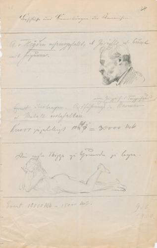 Kopfbild von August von Heyden im Profil und Skizze eines langestreckten liegenden weiblichen Aktes