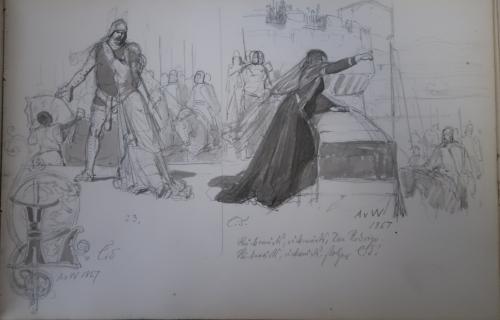 Skizzenbuchblatt mit zwei Illustrationsstudien sowie einem Entwurf f&uuml;r eine Initiale zum Cid.
