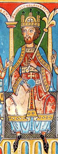 Wikipedia: Soerfm. Friedrich Barbarossa mit seinen Söhnen König Heinrich und Herzog Friedrich. Miniatur aus der Welfenchronik (Kloster Weingarten, 1179-1191). Heute Landesbibliothek Fulda. (2018) Bild zum Schlagwort